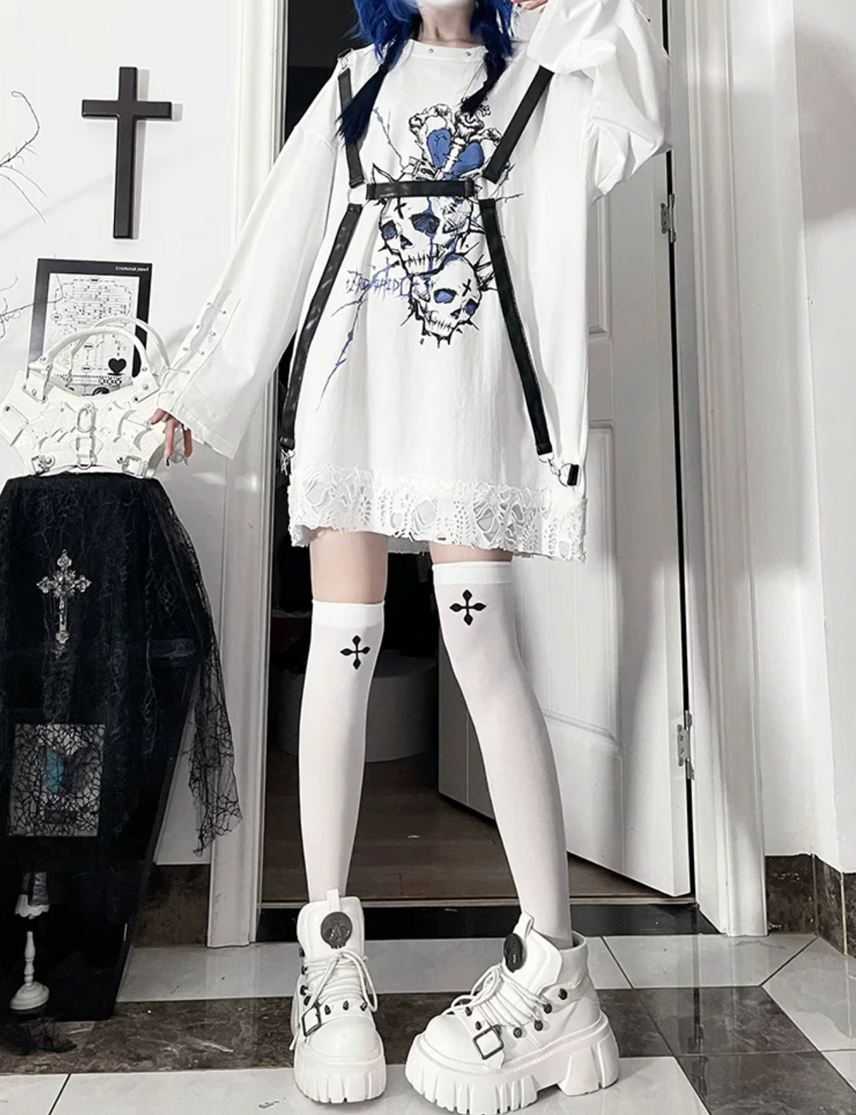 Belt Spliced Subculture Print Long-Sleeve T-Shirt