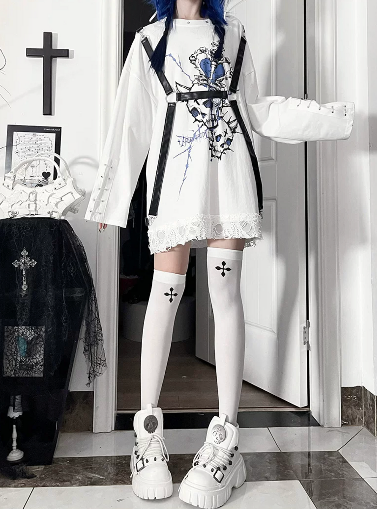 Belt Spliced Subculture Print Long-Sleeve T-Shirt
