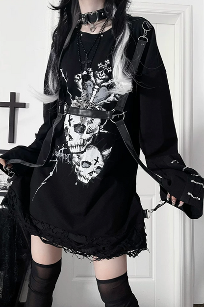Belt Spliced Subculture Print Long-Sleeve T-Shirt