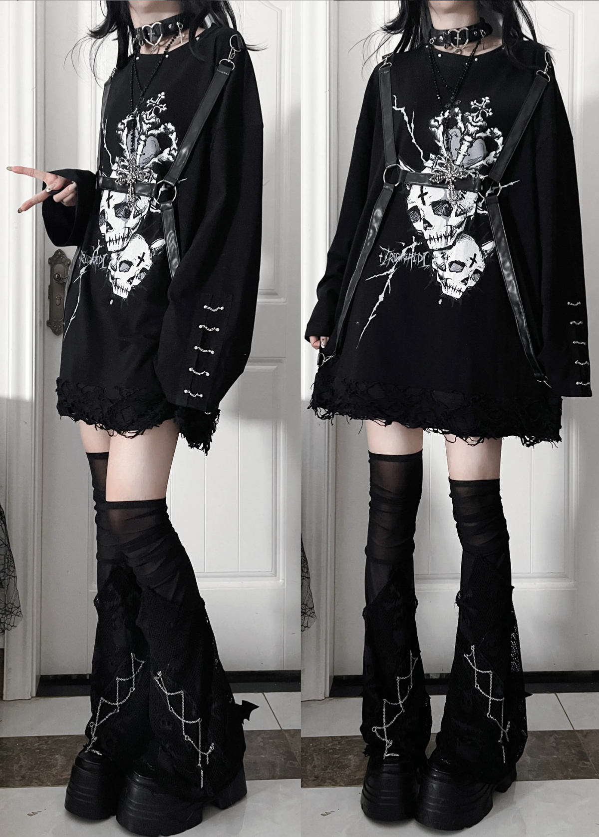 Belt Spliced Subculture Print Long-Sleeve T-Shirt