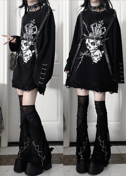 Belt Spliced Subculture Print Long-Sleeve T-Shirt