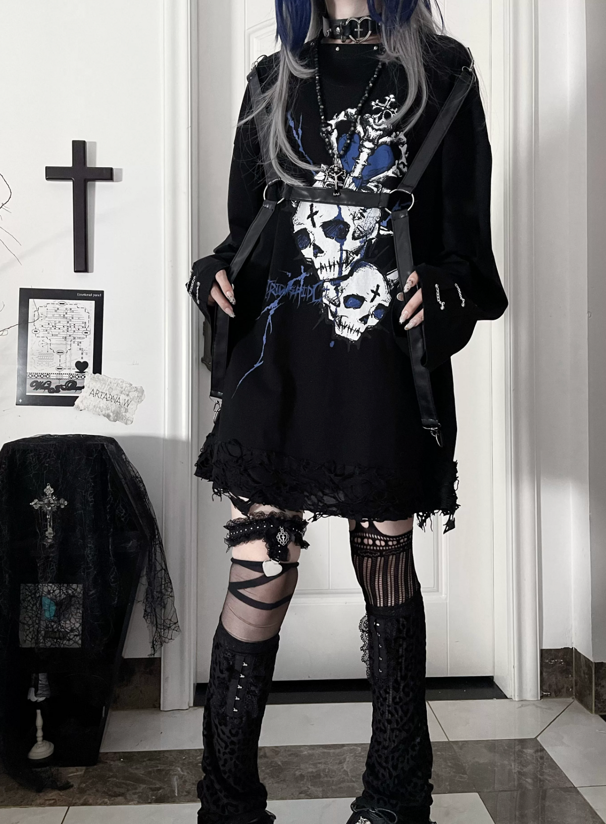 Belt Spliced Subculture Print Long-Sleeve T-Shirt