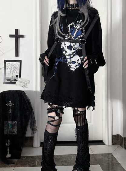 Belt Spliced Subculture Print Long-Sleeve T-Shirt