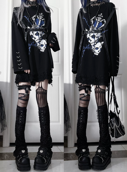 Belt Spliced Subculture Print Long-Sleeve T-Shirt
