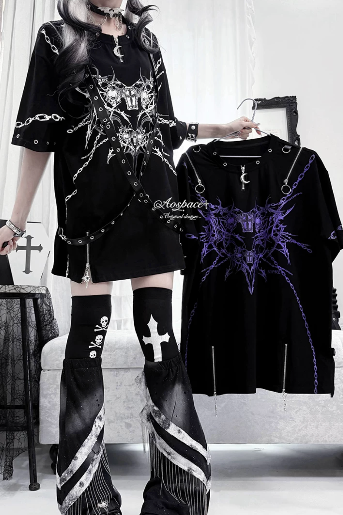 Skull And Coffin Off-Shoulder T-Shirt