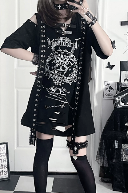Broken Heart Double Skull Distressed T-Shirt