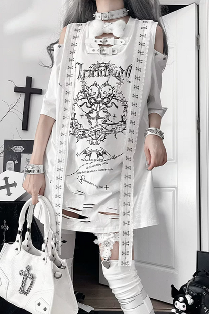 Broken Heart Double Skull Distressed T-Shirt