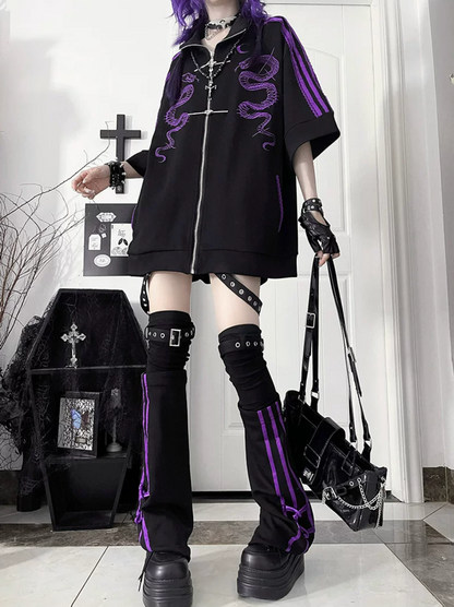 Double Snake Embroidery Zipper Tang Suit Blouse Set-Up