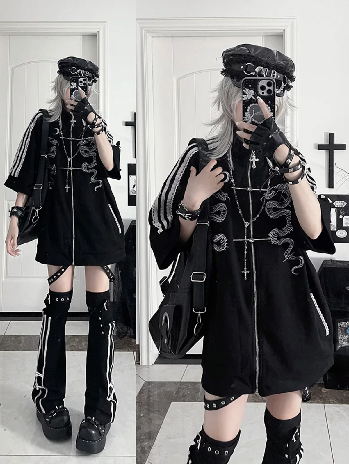 Double Snake Embroidery Zipper Tang Suit Blouse Set-Up