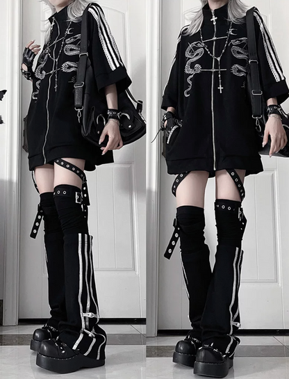 Double Snake Embroidery Zipper Tang Suit Blouse Set-Up