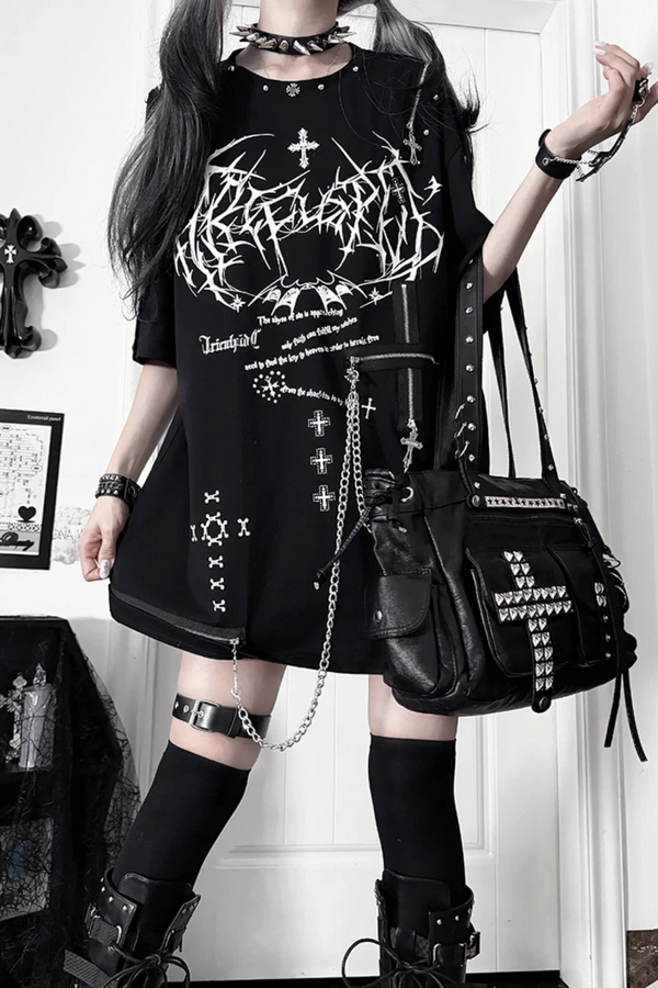 Loose Off-Shoulder Cross Zipper T-Shirt