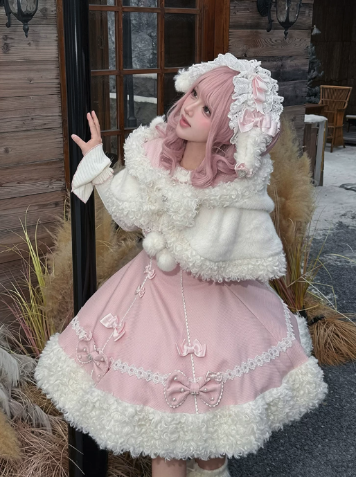 【11月7日予約締切】Yellow/Pink Sweet Lolita Lace Ribbon Fluffy Hem JSK Dress + Ruffle Neck Ribbed Bell Sleeve Top