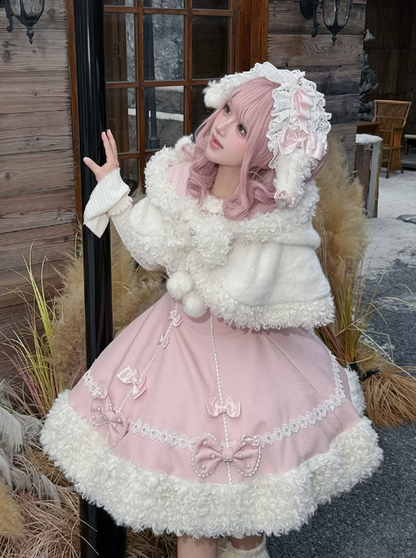 【11月7日予約締切】Yellow/Pink Sweet Lolita Lace Ribbon Fluffy Hem JSK Dress + Ruffle Neck Ribbed Bell Sleeve Top