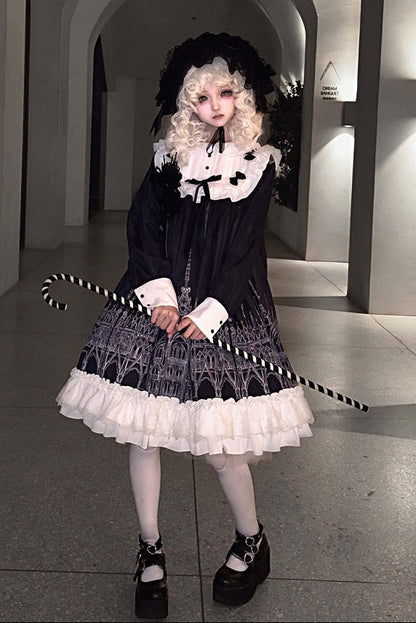 【10月13日予約締切】Gothic Doll Black White Cathedral Print Lace Trim Lolita Op Dress+ Full Dress Set (Flat Hat, Sash, Castle Flower Brooch)