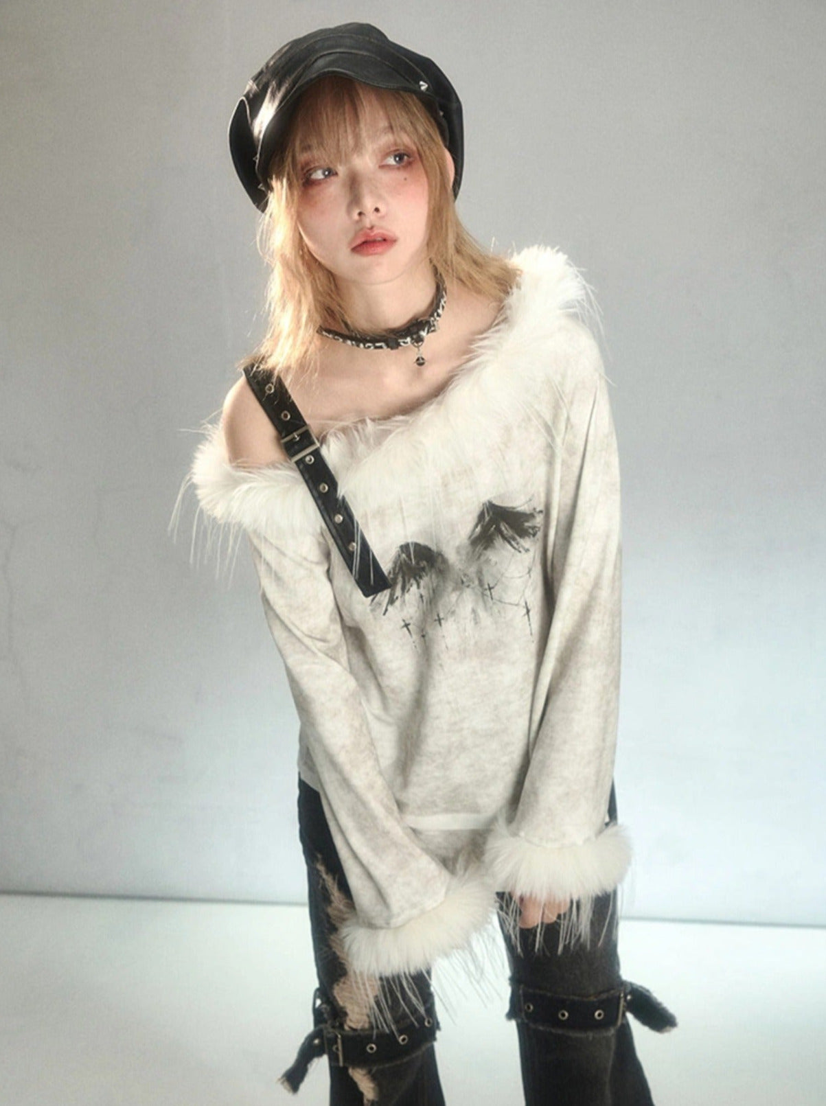 forksy.】ワッフルハーフジップセーラーカラーロングTシャツ