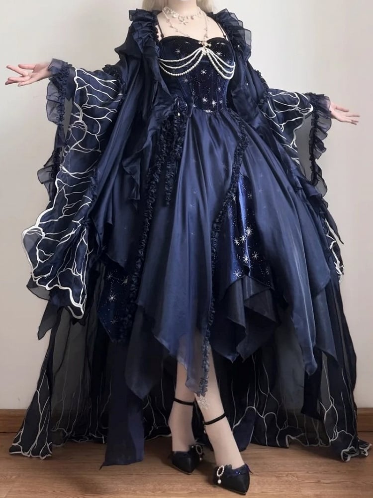 [Reservierungsschluss 1. Juni] Dunkelblau/Pink/Dunkelpetrol Atlantis Dark-Fantasy-Lolita Sternen-Korsett asymmetrisches Bustier-JKS-Kleid