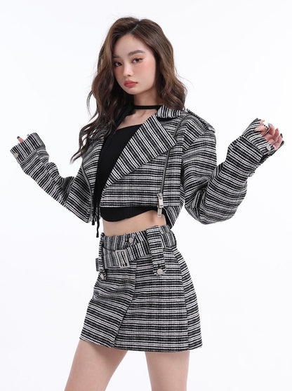 Sweet Cool Stripe Lapel Short Coat + Belt Skirt