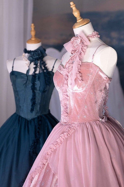 [Reservierungsschluss 1. Juni] Dunkelblau/Pink/Dunkelpetrol Atlantis Dark-Fantasy-Lolita Sternen-Korsett asymmetrisches Bustier-JKS-Kleid