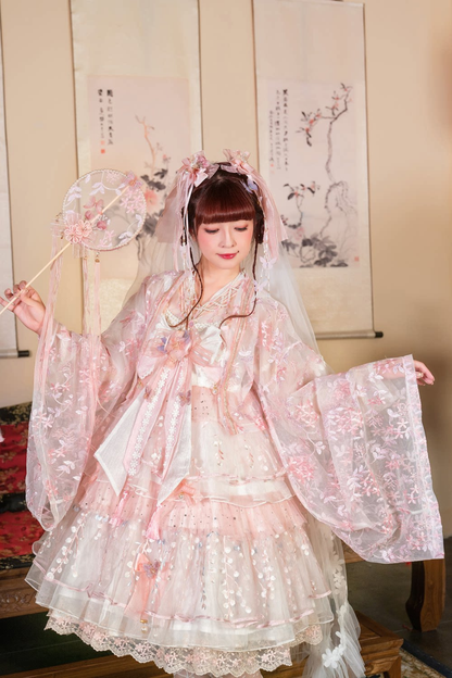 사쿠라 스위트 차이나 로리타 셔츠 + 목걸이 + 리본 + 베일 + 클립