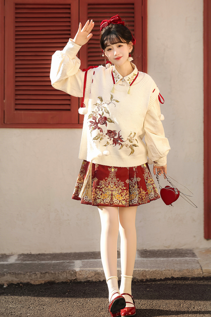 チャイナスノーニットベスト+シャツ+スカート