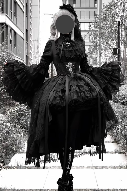 【Vorbestellung bis 18. März】 Dark Kawaii Gothic Lolita Rock + Shirt + Haarband + Hut + Ärmel