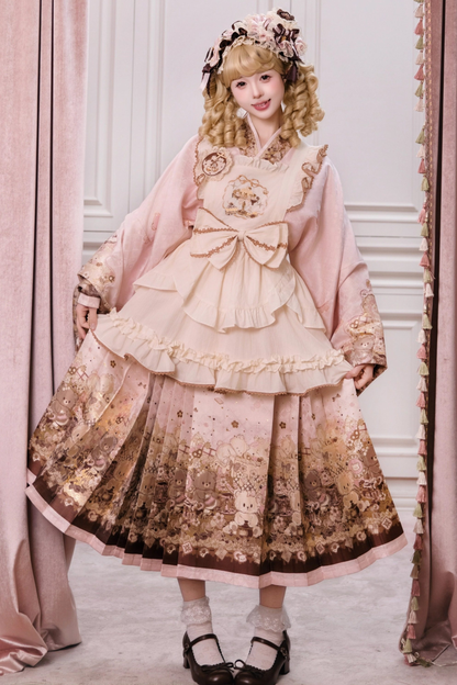 Kleines Bär-Dessert-Haus Kleid + Rock + Schürze + Brosche + Überrock