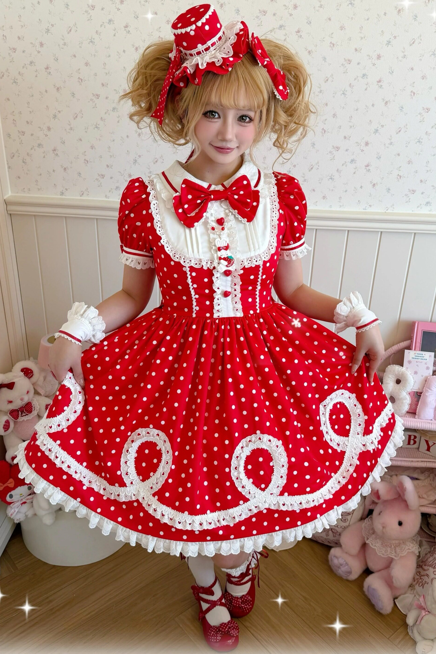 [Vorbestellung] Retro-Puppenartiges Lolita-Kleid + Haarband + Clip + Haube + Hut
