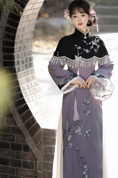 Retro China Dark Long Dress + China Shawl + Skirt