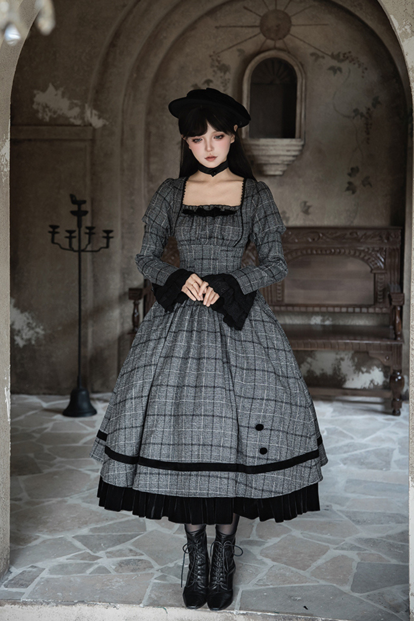 Check Fishbone Chest JSK + Dress + Innerwear + Ribbon + Hat