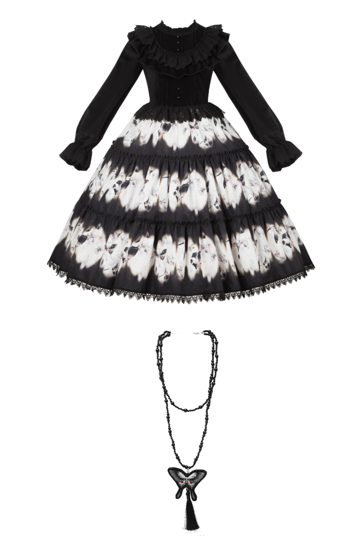 シックバタフライプリントスイングロリータドレス+ジャンパースカート+ヘアバンド+インナー+リボン