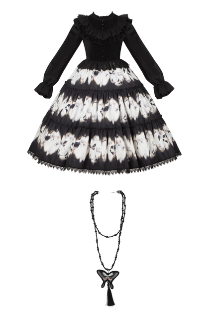 シックバタフライプリントスイングロリータドレス+ジャンパースカート+ヘアバンド+インナー+リボン