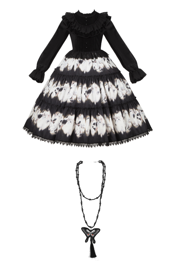 シックバタフライプリントスイングロリータドレス+ジャンパースカート+ヘアバンド+インナー+リボン