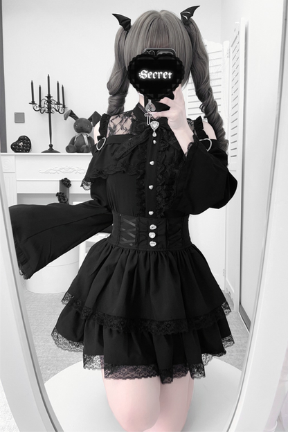 Lace off-the-shoulder shirt + lace-up skirt