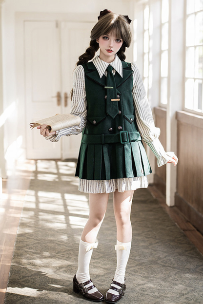 Baker Street Cloak Coat + Striped Dress + Pumpkin Pants + Hat