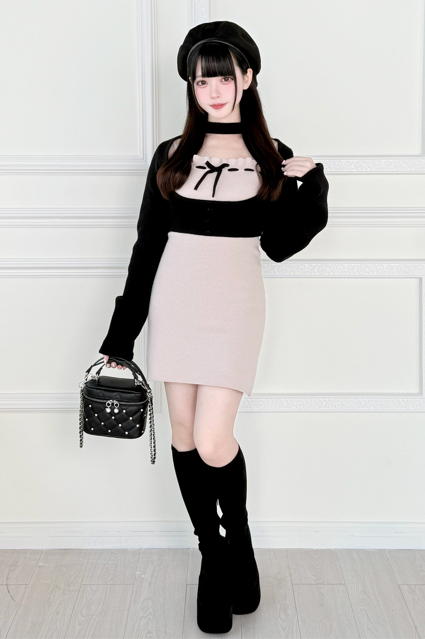 ショートニットカーディガン+タイトドレス