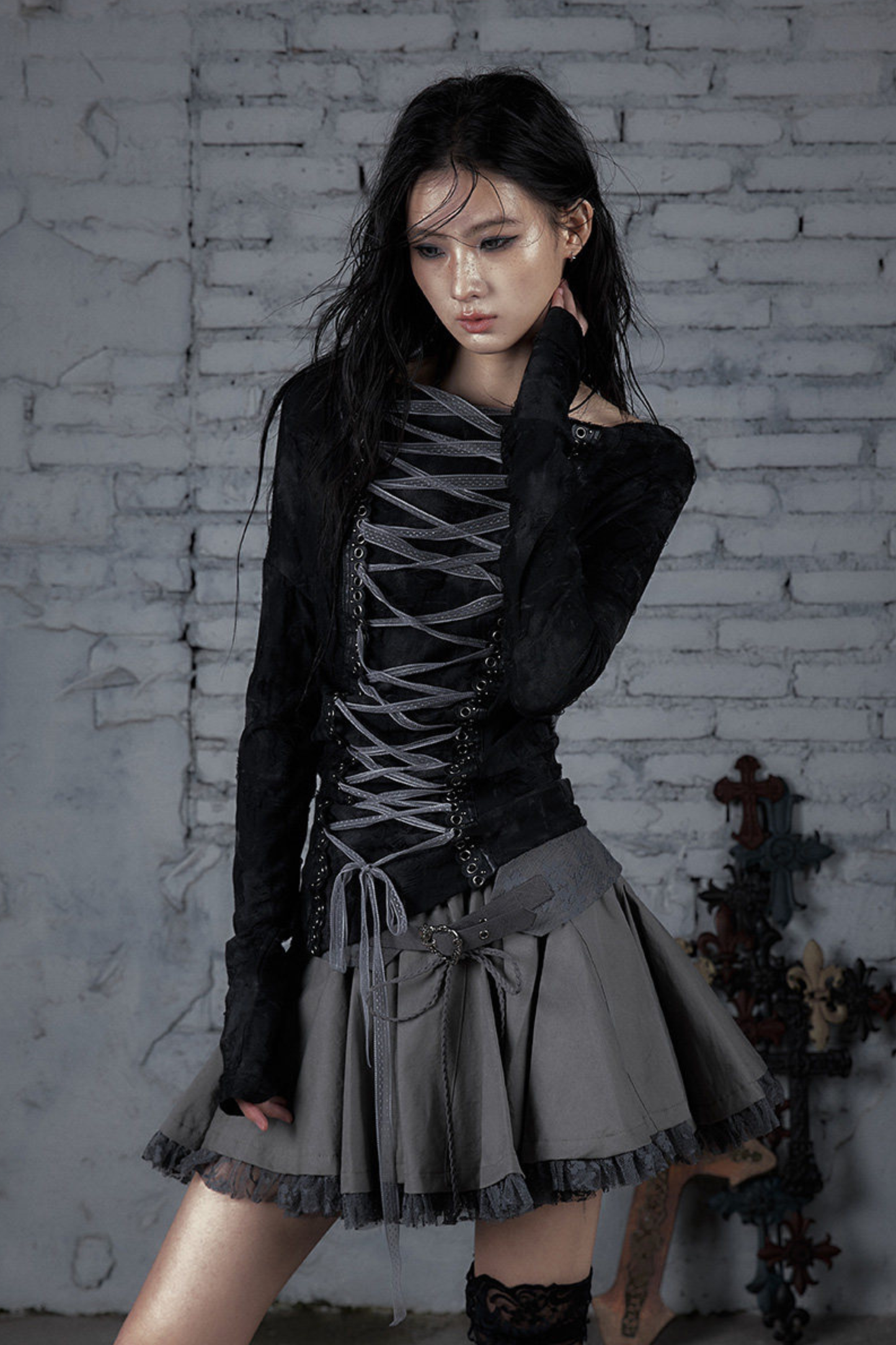 ダークパンクワンショルダートップス