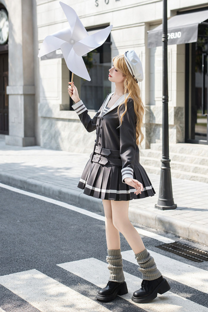 Robe collège plissée à col marin + Ruban + Chapeau