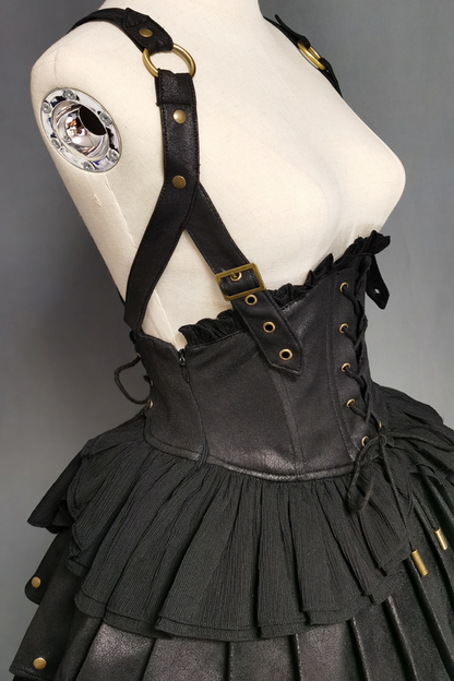 [Reservation product] Black Mist Gosix Team Punk Gauge Mat Leather Shirt + Corset Suspender Dress