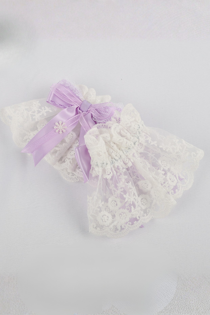 パープルブライダルリボンフラワーボンネット+ハットクリップ+ヘアバンド+リボンクリップ+スリーブ