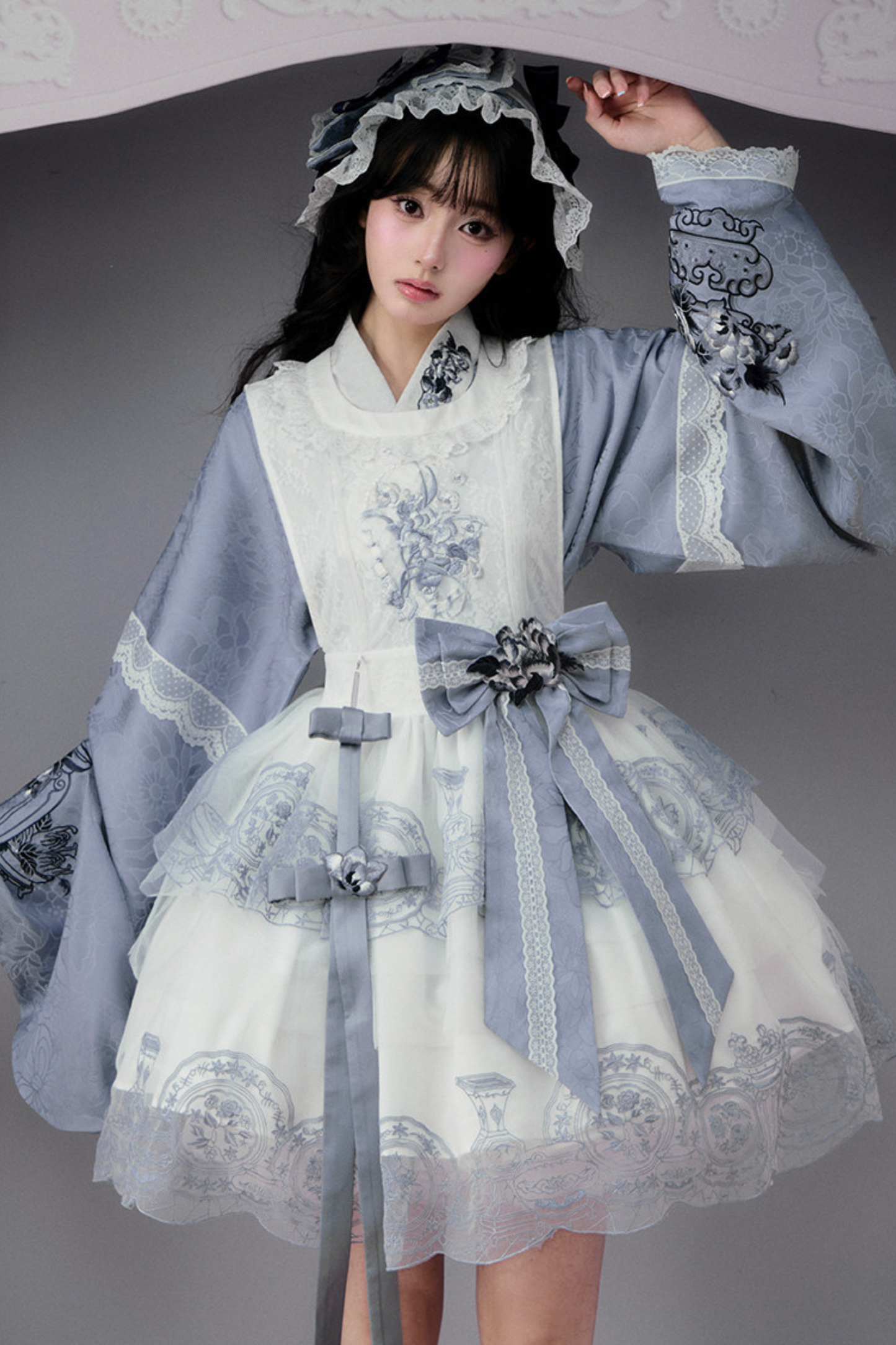 귀여운 차이나 재킷 + 스커트 + 오버스커트 + 리본 + 브로치 + 헤어밴드