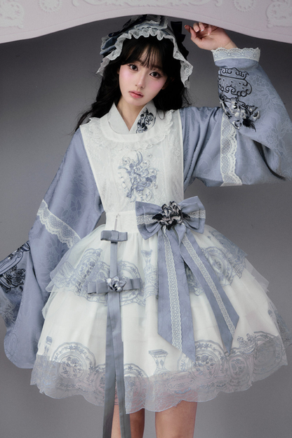 귀여운 차이나 재킷 + 스커트 + 오버스커트 + 리본 + 브로치 + 헤어밴드