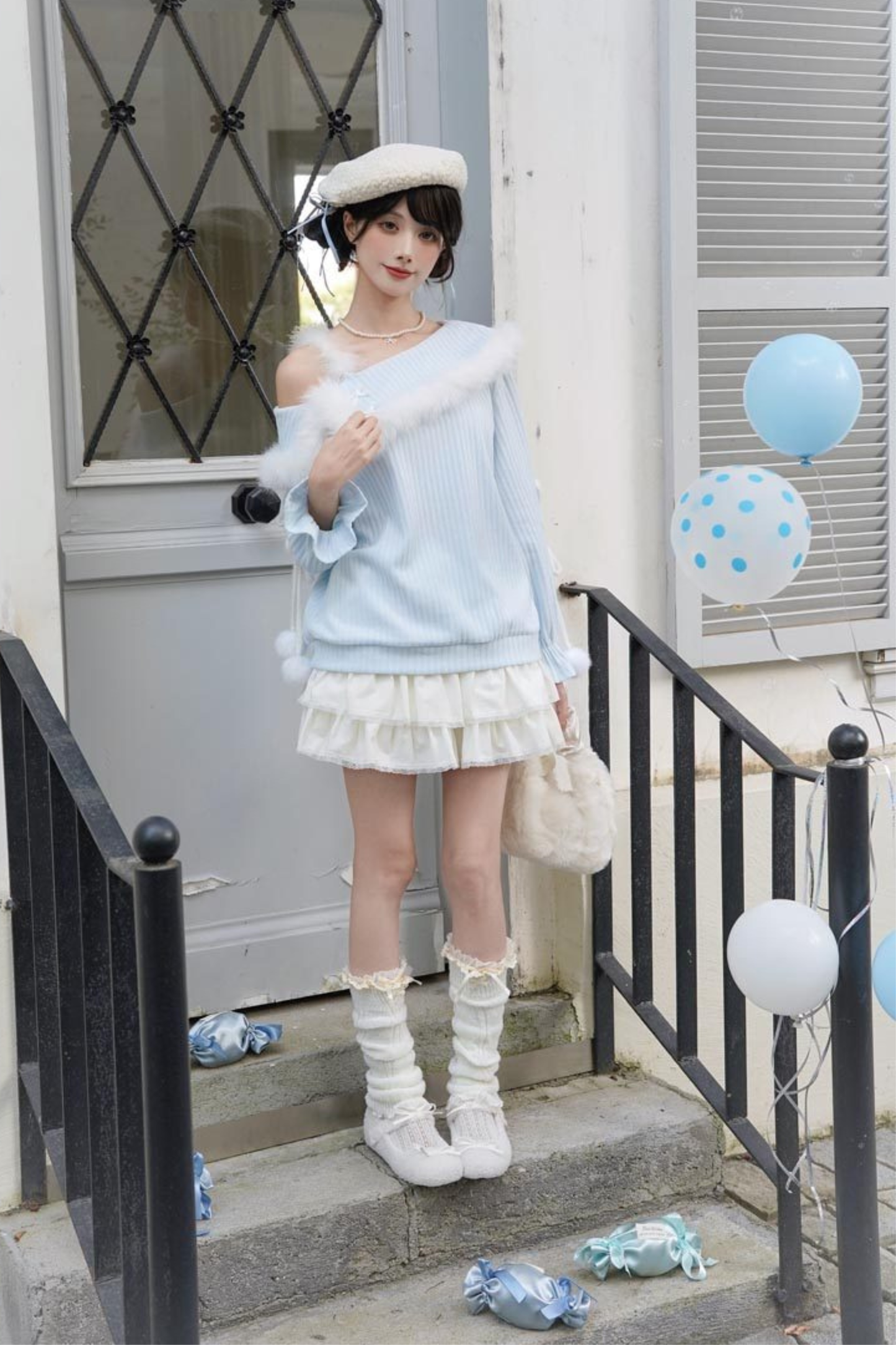 スイートブルーオフショルダーニットトップス