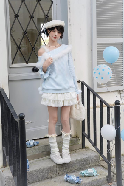 スイートブルーオフショルダーニットトップス