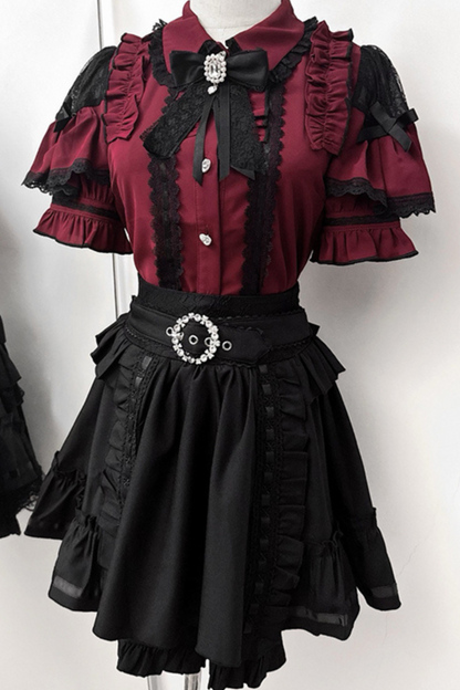 Off-Shoulder Top + Color Block Skirt + Ribbon