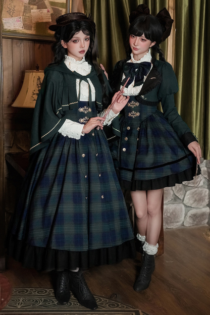 レトロカレッジスタイルチェックロリータスカート＋ジャケット＋マント＋ブラウス＋リボン＋ネックレス
