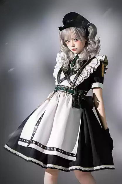 Schwarz-grünes Militär-Maid-Lolita-Kleid Komplettset