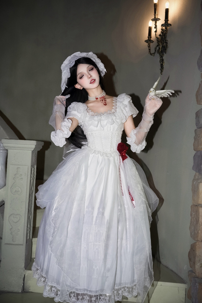 ゴシックツインズロリータドレス＋ハンドスリーブ＋ネックレス＋ヘッドバンド＋ベール＋コルセット＋取り外し可能カーテン＋コサージュ