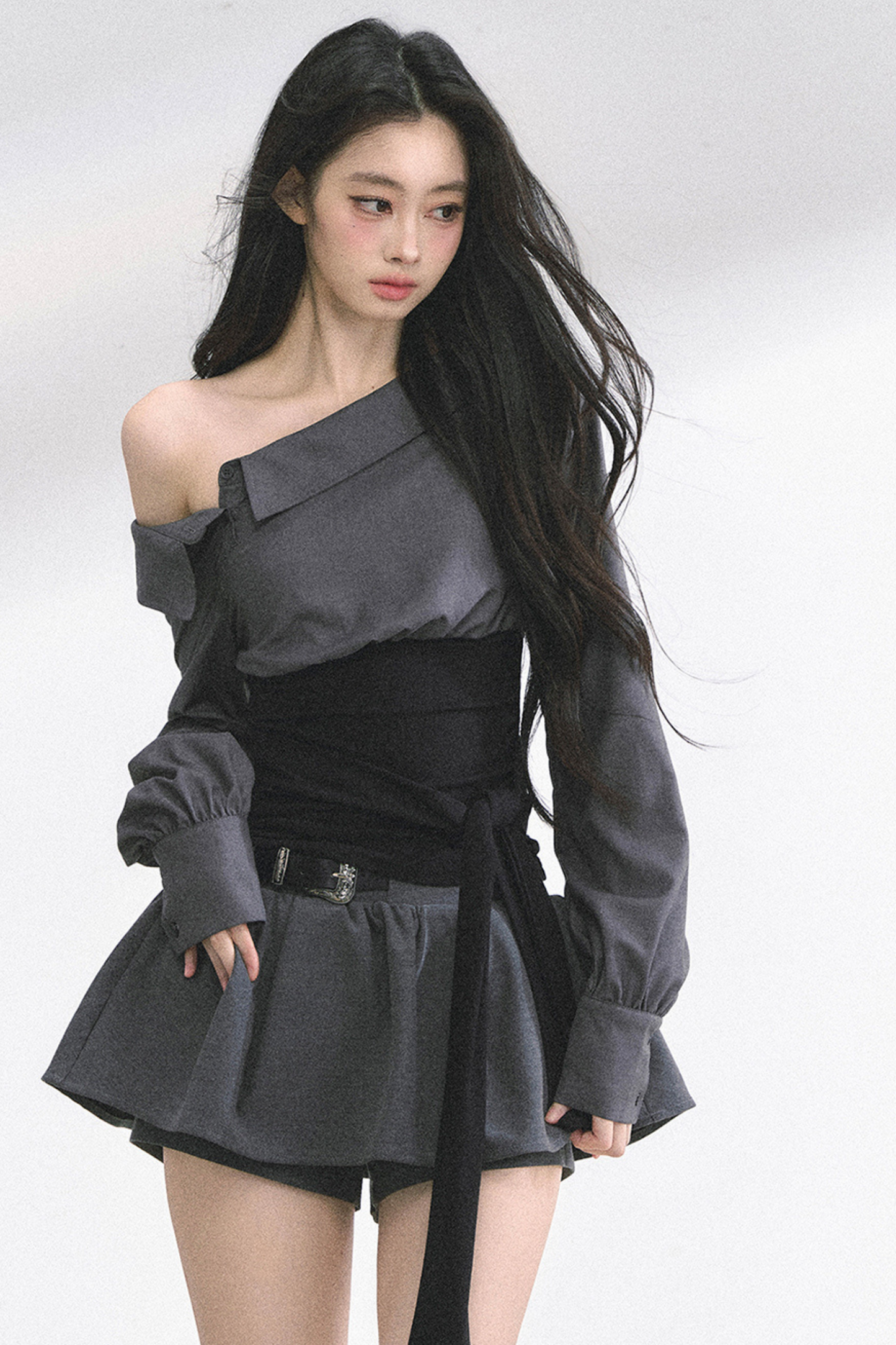 ウエストバンド付きワンショルダーシャツ