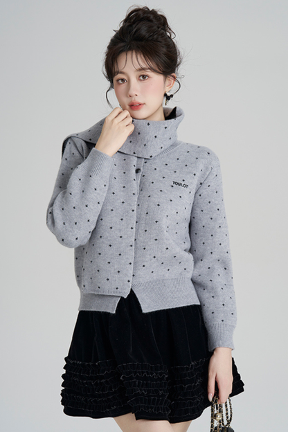 フレンチスタイルドットマフラー付きンカーディガン