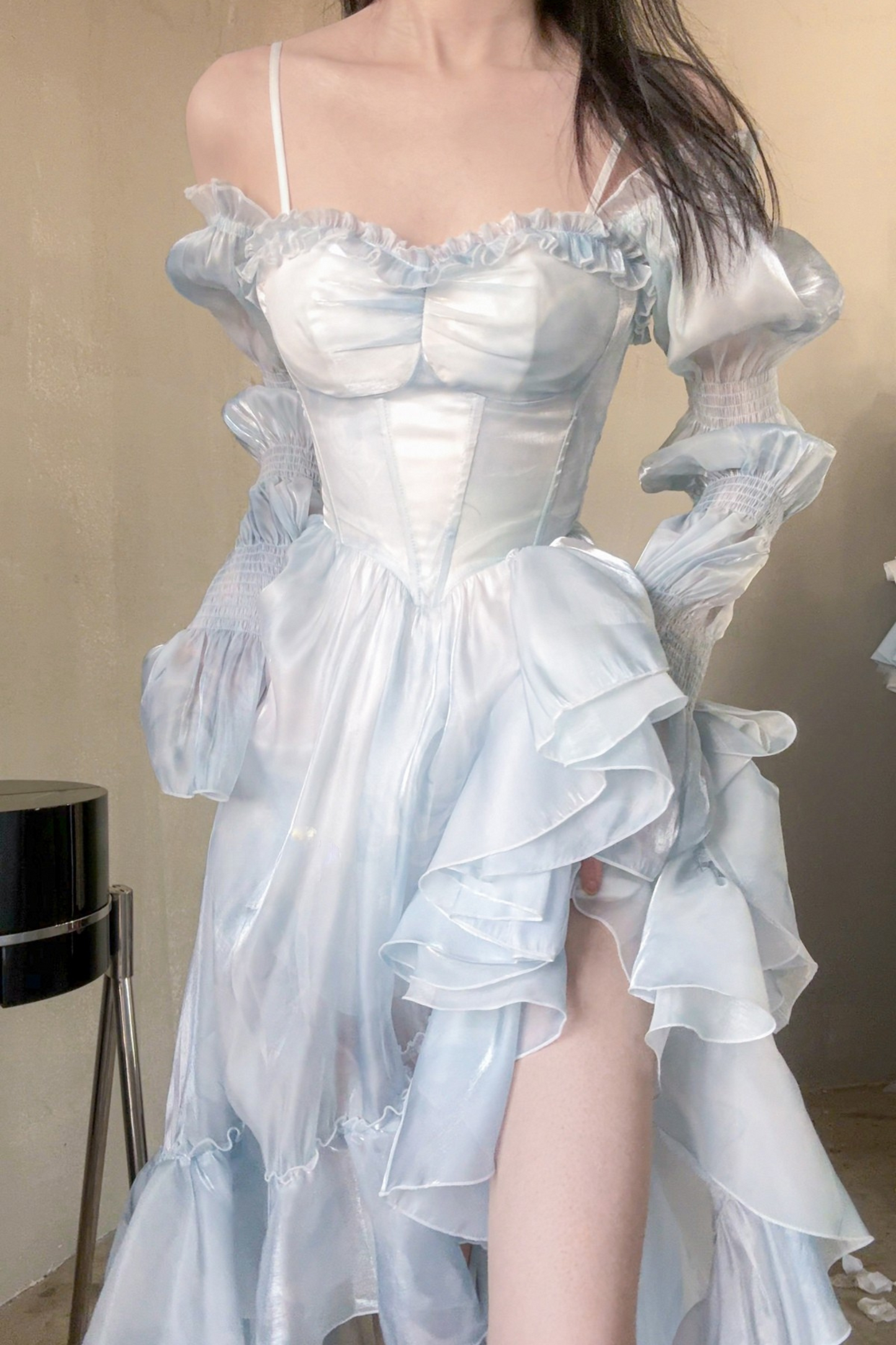 [Pre-order product] Snow Blue Sparkling Series Long Tail Bustier Dress + Back Ribbon